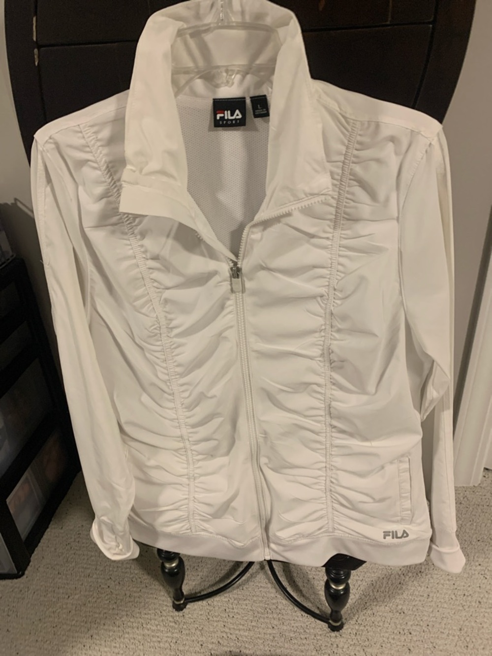 FILA White Ruched Zip-Front Bomber Jacket